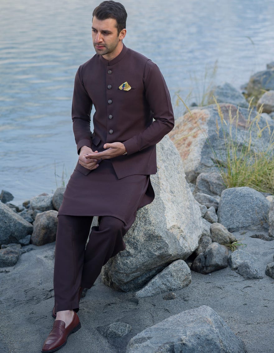CHOCOLATE BROWN BLENDED WAISTCOAT KAMEEZ SHALWAR JJKSVC 40151